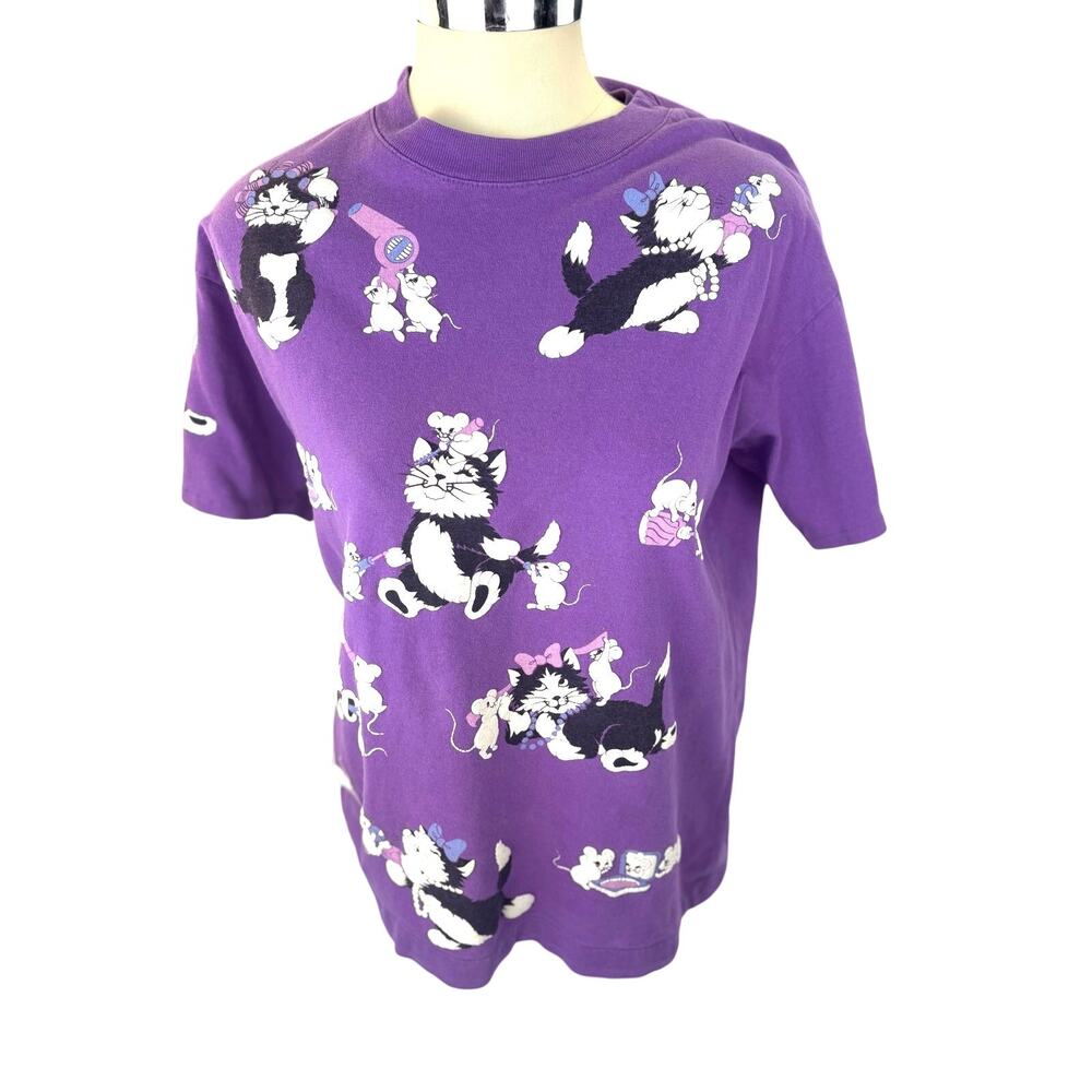 Vintage 80's Spumoni Cat Mouse Puff Print T Shirt Purple Woman's M